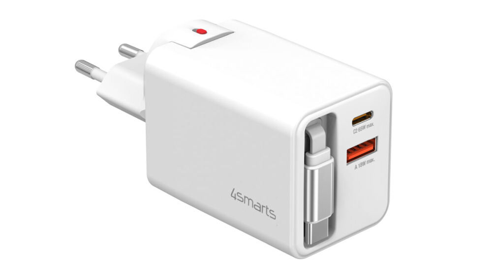 Ładowarka sieciowa 4SMARTS Flex Jojo 65W GaN Biały Kompaktowa konstrukcja, wbudowany kabel i dwie wtyczki standardów elektrycznych w ponad 90 krajach 130 g - ładowarka na białym tle