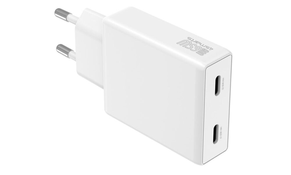4SMARTS PDPlug Slim Dual 65W GaN Technologia GaN (Galliumnitrid) większą moc niż tradycyjne modele TÜV certyfikowany pełne bezpieczeństwo użytkowania - ładowarka na białym tle