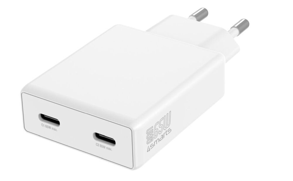 4SMARTS PDPlug Slim Dual 65W GaN przeciwprzepięciowy, przeciwzwarciowy, przeciwprzeładowaniowy oraz zabezpieczenie przed przegrzaniem materiałom (PC + miedź) i certyfikacji TÜV - ładowarka na białym tle