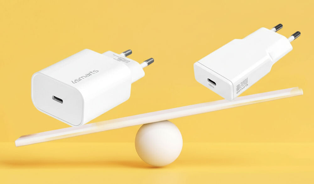 4SMARTS PDPlug Slim Duos 20 W GaN + Kabel USB-C - USB-C Biały smartfonów, tabletów i akcesoriów USB Power Delivery 3.0, PPS, QC 2.0/3.0, Samsung AFC, Huawei SCP, Apple 2.4A skracając czas ładowania i chroniąc baterię przed przegrzaniem czy przeciążeniem port USB-A (18 W) - porównanie ładowarki to innej zwykłej ładowarki