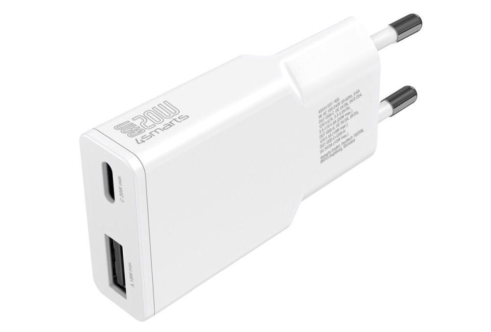 4SMARTS PDPlug Slim Duos 20 W GaN + Kabel USB-C - USB-C Biały kabel USB-C/USB-C 60 W o długości 1,5 m szybkie ładowanie transfer danych 480 Mb/s telefonami, tabletami, konsolami Apple, Samsung, Huawei, Lenovo, Xiaomi, Oppo - ładowarka na białym tle
