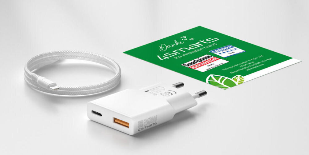 4SMARTS PDPlug Slim Duos 20 W GaN + Kabel USB-C - USB-C Biały - zawartość zestawu