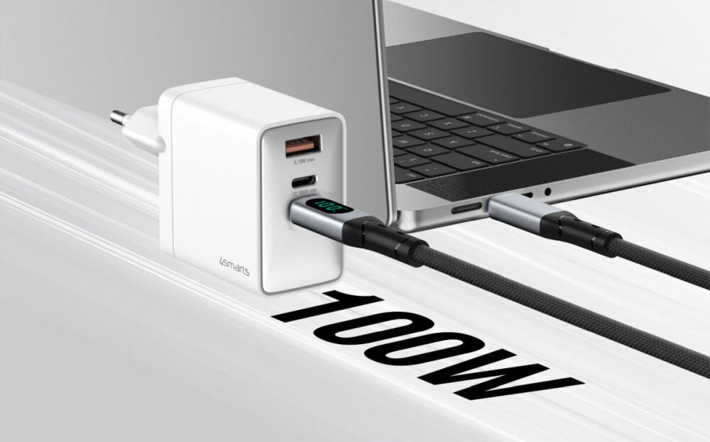 Ładowarka sieciowa 4SMARTS Pocket 100 W GaN pojedynczego portu USB-C szybkie ładowanie acBook Pro, Dell XPS, Lenovo czy Asus USB Power Delivery 3.0, PPS, QC 4+, Samsung AFC, Huawei SCP SFCP Nintendo Switch smartfonów i tabletów - ładowarka połączona kablem z laptopem