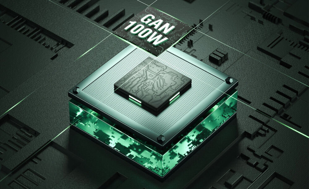 Ładowarka sieciowa 4SMARTS Pocket 100 W GaN GaN (Galliumnitrid) klasyczne ładowarki krzemowe zachowuje wysoką żywotność Wbudowane zabezpieczenia przed przepięciem, przeładowaniem, rozładowaniem i zwarciem - ilustrcja chipsetu gan 100 w