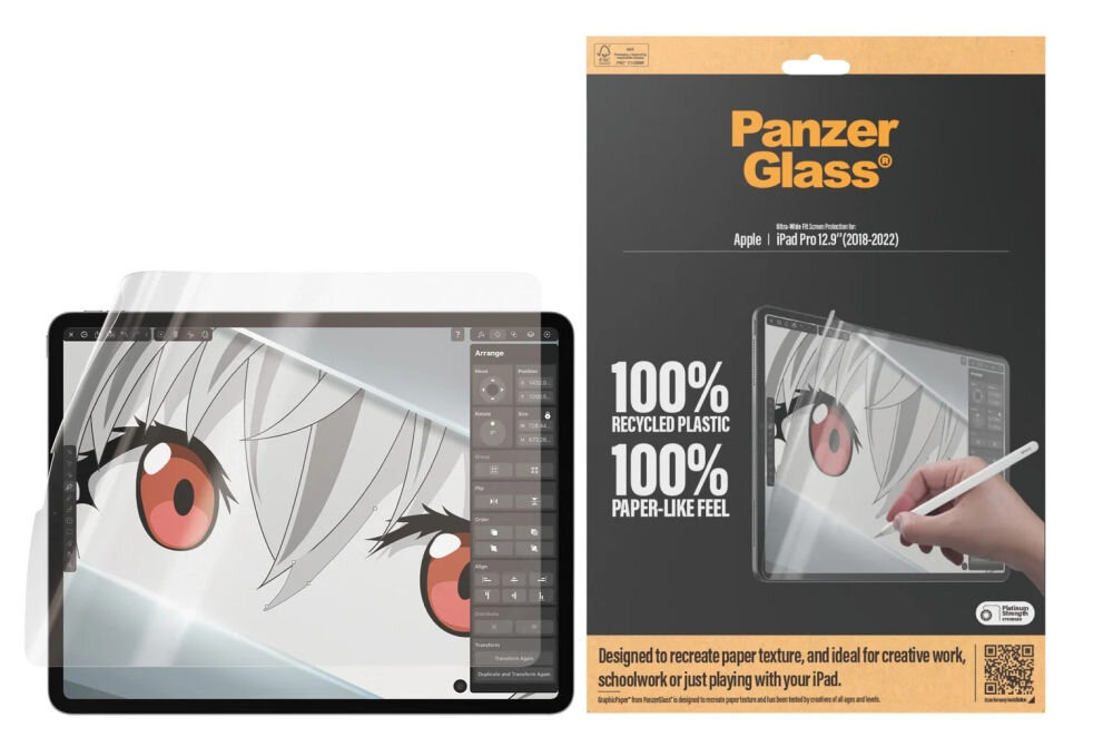 Na obrazie widoczny jest tablet z nałożoną folią ochronną, na ekranie którego znajduje się rysunek postaci z dużymi oczami. Obok znajduje się opakowanie produktu z napisem \'Panzer Glass\' oraz informacjami \'100% RECYCLED PLASTIC\' i \'100% PAPER-LIKE FEEL\'.