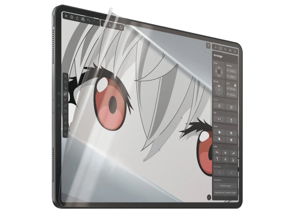 Tablet z nałożoną folią ochronną, na ekranie widoczna jest grafika przedstawiająca oczy postaci z kreskówki. Po prawej stronie ekranu znajdują się narzędzia graficzne.