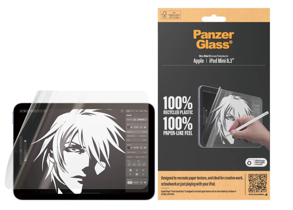 Obraz przedstawia folię ochronną na ekranie tabletu z rysunkiem postaci w stylu anime. Obok znajduje się opakowanie z napisem \'Panzer Glass\' oraz informacjami: \'100% RECYCLED PLASTIC\', \'100% PAPER-LIKE FEEL\'.