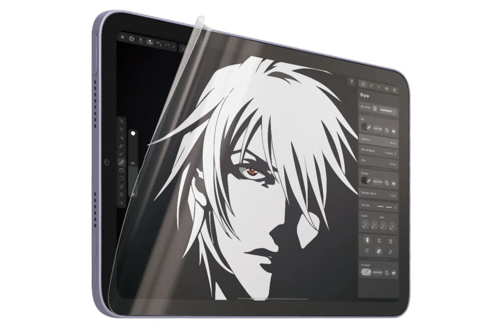 Tablet z nałożoną folią ochronną, na ekranie widoczny jest czarno-biały rysunek postaci z białymi włosami. Po prawej stronie ekranu znajdują się narzędzia graficzne.