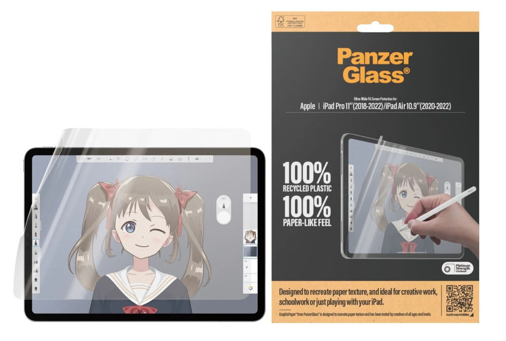 Obraz przedstawia folię ochronną na ekranie tabletu z rysunkiem postaci w stylu anime. Obok znajduje się opakowanie z napisem \'Panzer Glass\' oraz informacjami o kompatybilności z Apple iPad Pro i iPad Air, wykonane z plastiku z recyklingu i o fakturze przypominającej papier.