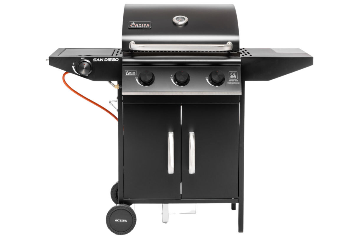 Grill ogrodowy gazowy ACTIVA San Diego 19689GD, Grill, rodzina, spotkania, wygoda, Czarny grill gazowy – widok z przodu