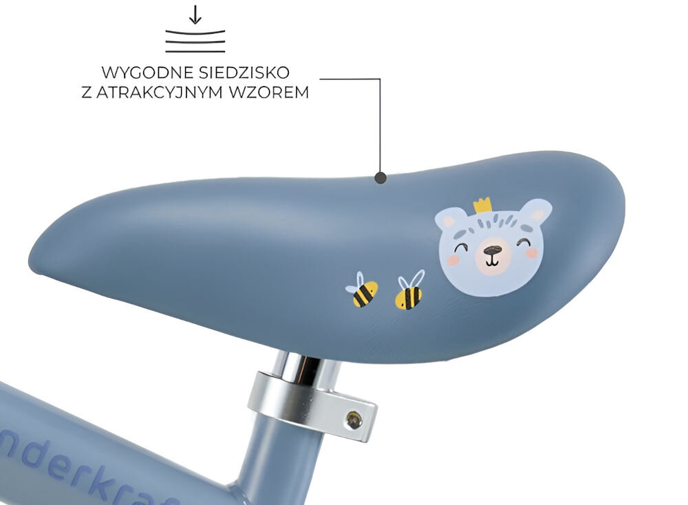 ROWEREK BIEGOWY KINDERKRAFT CUTIE FLASH BLUE białe tło zbliżenie na niebieskie siedzisko z obrazkiem zwierzątka siedzisko komfort styl delikatna łatwa do czyszczenia ekoskóra przyjemność użytkowania praktyczność urocze zwierzęce grafiki ulubiony towarzysz każdej zabawy ergonomiczna konstrukcja precyzyjne wykonanie funkcjonalny stylowy wybór