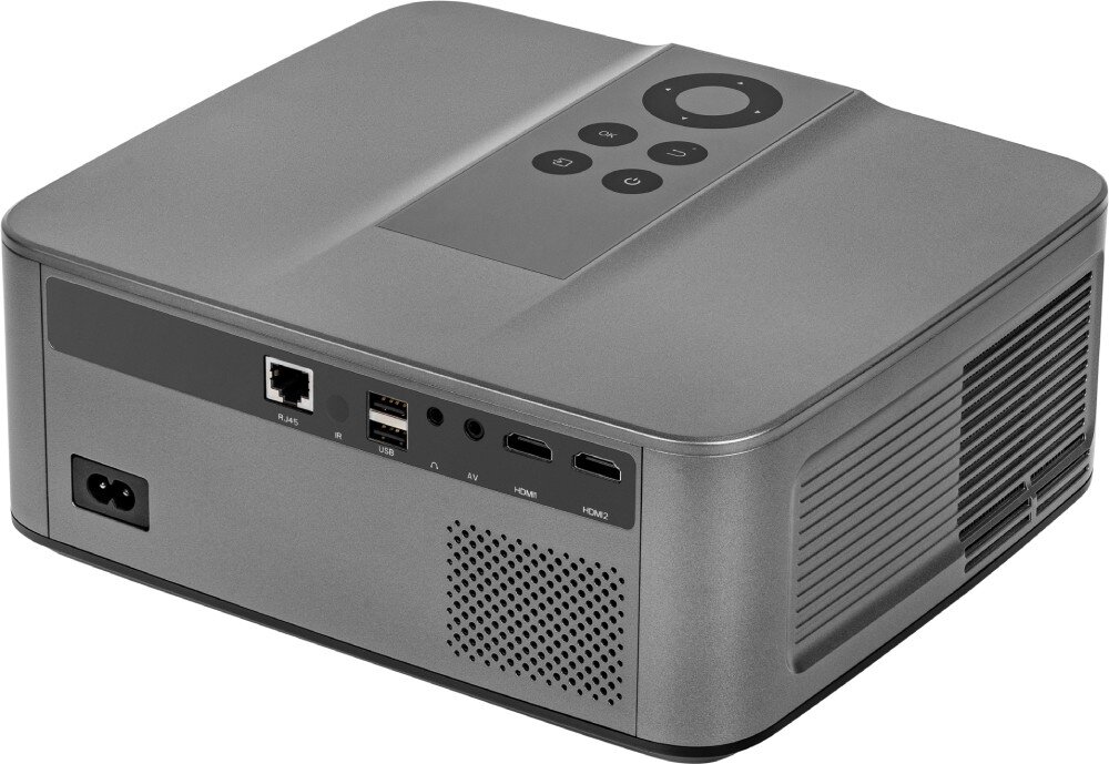 Szary projektor z widocznymi portami: LAN, USB, AV, HDMI1, HDMI2 oraz otworami wentylacyjnymi. Na górze urządzenia znajdują się przyciski sterujące.
