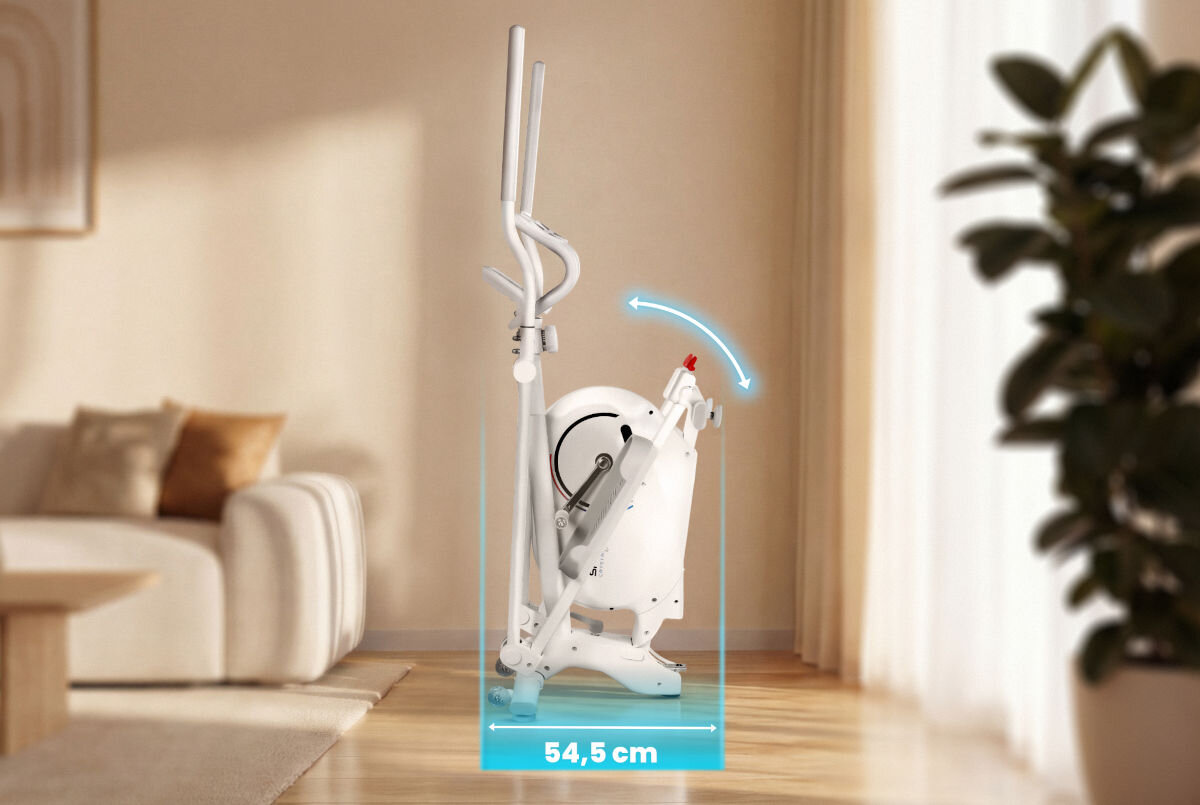 Orbitrek magnetyczny SPOKEY Crystal, oszczędność, mobilność, przechowywanie, praktyczność, orbitrek złożony w pokoju dziennym