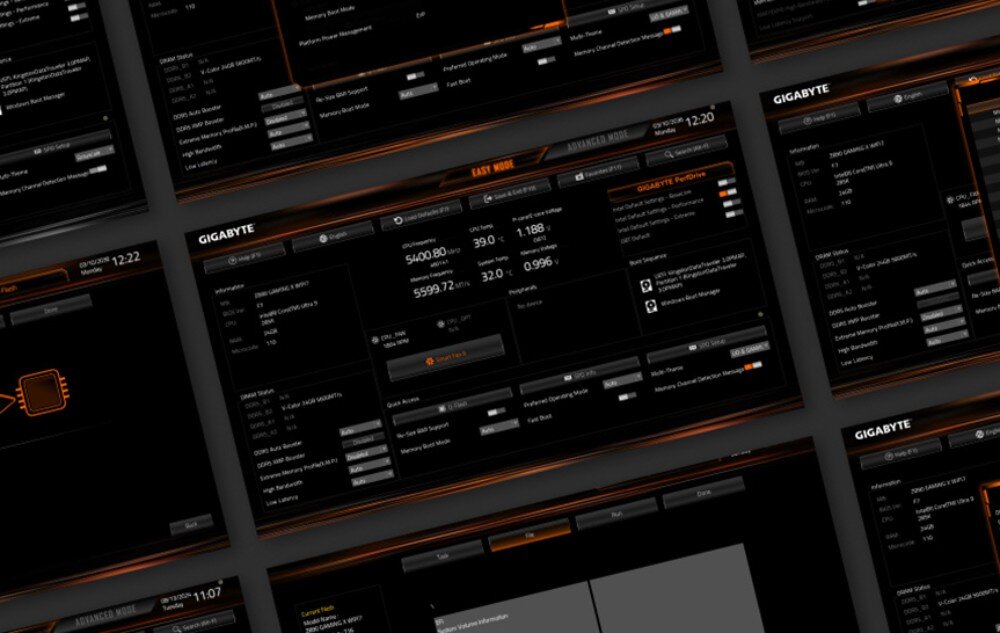 Płyta główna GIGABYTE B760 DS3H WiFi6E Gen5 Zrzuty ekranu interfejsu systemu BIOS z widocznymi sekcjami ustawień sprzętowych i parametrami pracy komputera