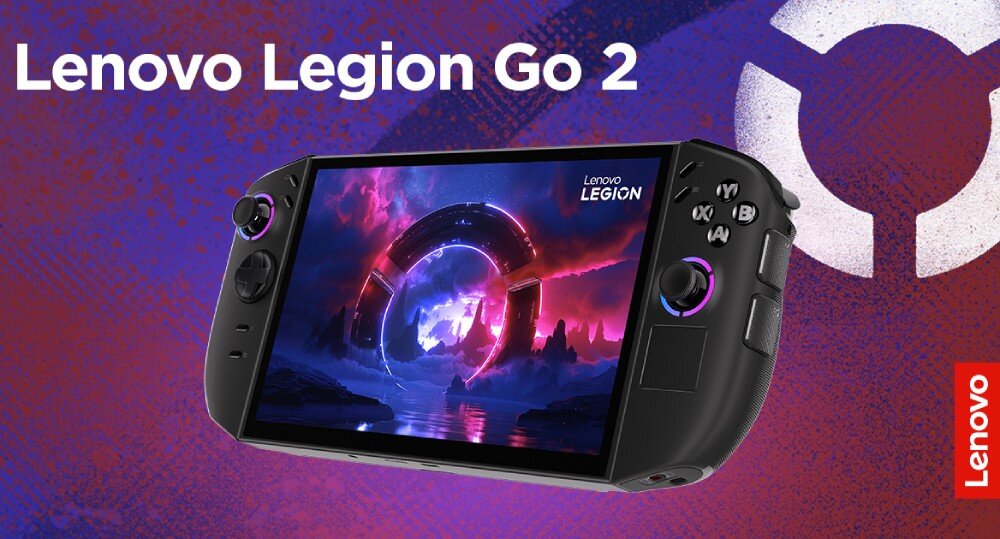 Konsola LENOVO Legion Go 2 Urządzenie przenośne z ekranem wyświetlającym abstrakcyjną, kolorową grafikę. Po bokach widoczne są kontrolery z przyciskami i gałkami analogowymi, opis