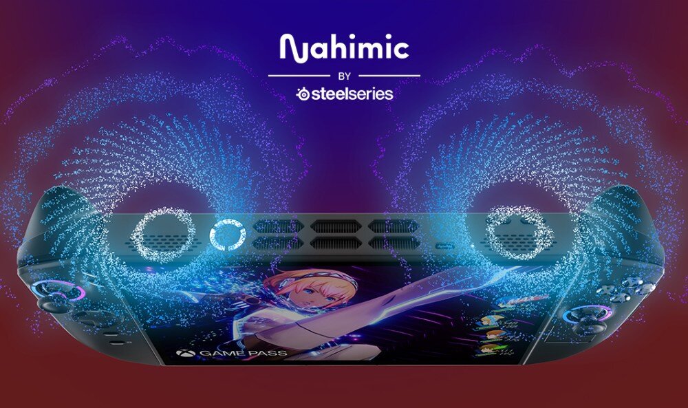 Konsola LENOVO Legion Go 2 Widok od góry na krawędź urządzenia z kratkami wentylacyjnymi. Grafika wizualizuje rozchodzenie się fioletowych i niebieskich fal dźwiękowych, porty, łączność, dźwięk, głośniki