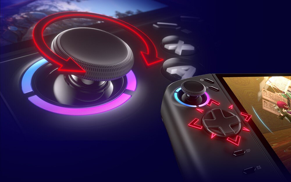 Konsola LENOVO Legion Go 2 Zbliżenie na gałkę analogową z widoczną czerwoną strzałką oznaczającą ruch obrotowy. Poniżej widoczny jest fragment kontrolera z przyciskiem kierunkowym, joysticki, efekt Halla, podświetlenie, wibracje