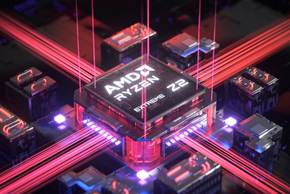 Konsola LENOVO Legion Go 2 Wizualizacja procesora z napisem 'AMD RYZEN Z2 EXTREME' umieszczonego na płytce drukowanej. Czerwone linie świetlne rozchodzą się od układu, procesor, rdzenie, układ graficzny, wydajność