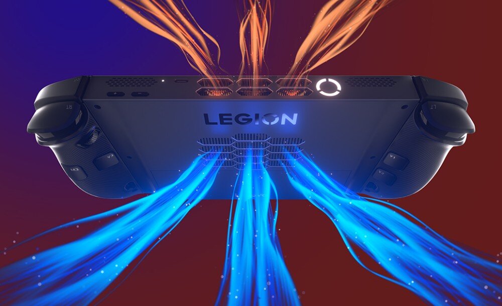 Konsola LENOVO Legion Go 2 Urządzenie pokazane od spodu. Czerwone i niebieskie strumienie powietrza wychodzą z kratek wentylacyjnych. Widoczny napis 'LEGION', chłodzenie, wentylator