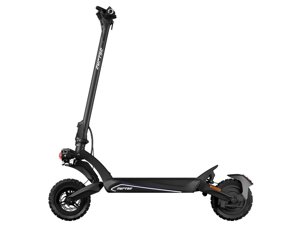 Hulajnoga elektryczna RUPTOR R3 V4 85km 800W Hamulce hydrauliczne 10 cali Czarny hulajnoga na białym tle widoczna z boku wydajna bateria o pojemności 20 Ah zasięg do 85 km bateria litowo-jonowa o napięciu 48 V czas ładowania około 6-8 godzin