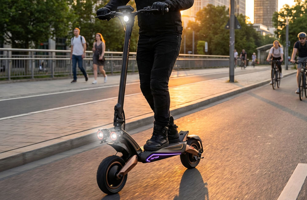 Hulajnoga elektryczna RUPTOR R6 V4 80km 2x800W Hamulce hydrauliczne 10 cali Miedziany miasto ulica wieczór osoba jedzie na hulajnodze po drodze rowerowej w tle osoby budynki kompletne oświetlenie ambient RGB oświetlenie LED funkcję widoczności podkreślenia charakteru konstrukcji dwie lampy z czerwonymi ringami górny reflektor dynamiczne kierunkowskazy świetlne akcenty w podeście boczne paski LED z logo RUPTOR