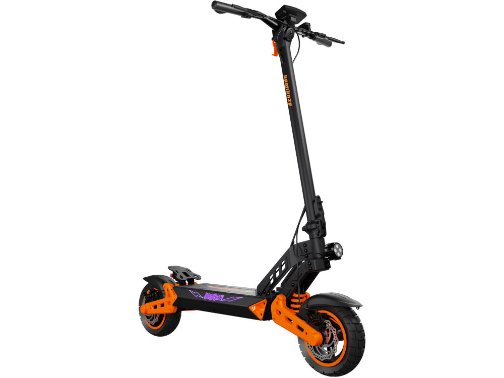 Hulajnoga elektryczna KAMIKAZE K1 Lite Lite 60km 800W Amortyzacja 10 cali Podświetlany podest Czarny hulajnoga na białym tle widoczna od przodu pod skosem do jazdy po mieście dynamiczne i ekscytujące podróżowanie szereg udogodnień i praktycznych rozwiązań kierunkowskazy składana konstrukcja styl moc wygoda
