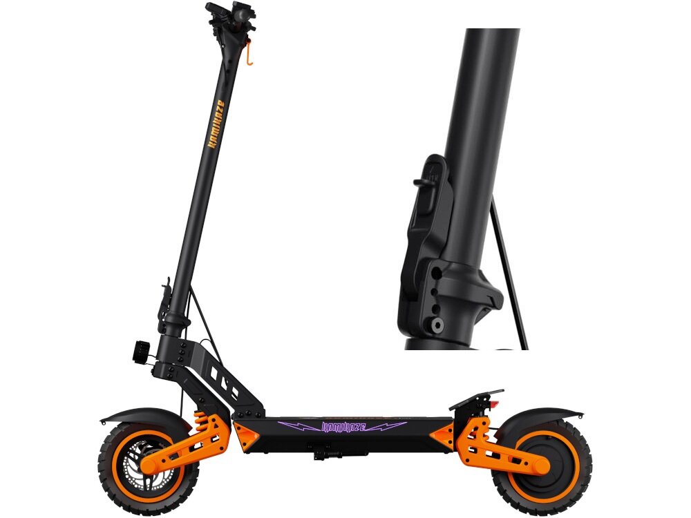 Hulajnoga elektryczna KAMIKAZE K1 Lite Lite 60km 800W Amortyzacja 10 cali Podświetlany podest Czarny hulajnoga na białym tle widoczna z boku obok zbliżenie na dźwignię do złożenia konstrukcji składana konstrukcja łatwa w transporcie wymiary po złożeniu 1250 x 226 x 580 mm prosty system składania waga 25 kg