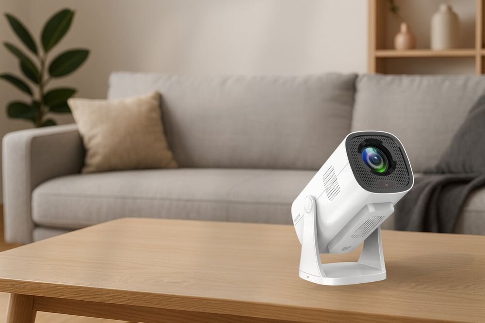 PHILIPS NeoPix 250 projektor Full HD kino domowe obraz LED rozrywka multimedialna, projektor stojący na stole w pomieszczeniu