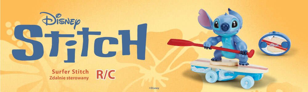 Zdalnie sterowana deska surfingowa Stitch Disney Jada Toys zabawka dla dzieci 25 cm 3,8 km/h - Baner reklamowy przedstawiający figurkę Stitcha, głównego bohatera filmu Lilo i Stitch, na deskorolce wyglądającej jak deska surfingowa, trzymającego wiosło. W tle widać słońce i kwiaty. Wielki napis Disney Stitch Surfer Stitch R/C Zdalnie sterowany sugeruje, że jest to zdalnie sterowany pojazd-zabawka