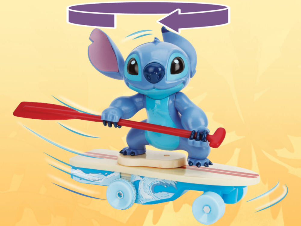 Stitch Disney Jada Toys zdalnie sterowana deska surfingowa 360 stopni akrobacje 25 cm Figurka Stitcha na desce surfingowej z kółkami. Powyżej figurki znajduje się fioletowa, zakrzywiona strzałka symbolizująca obrót pojazdu lub ruch obrotowy. Wokół deski widać niebieskie smugi symbolizujące ruch