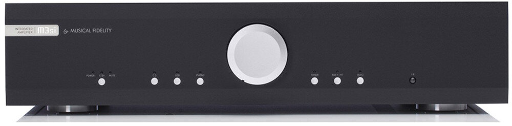 Wzmacniacz MUSICAL FIDELITY M3SI wyjścia głośników A/B dwa komplety kolumn stabilna praca, wzmacniacz od frontu na białym tle