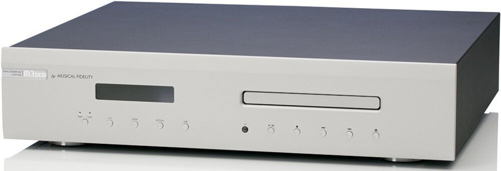 Odtwarzacz CD MUSICAL FIDELITY M3SCD wejścia cyfrowe coax optyczne USB hub audio, odtwarzacz po skosie na białym tle