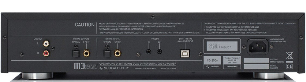 Odtwarzacz CD MUSICAL FIDELITY M3SCD niski jitter THD 0.003 precyzyjny dźwięk, odtwarzacz od tyłu na białym tle