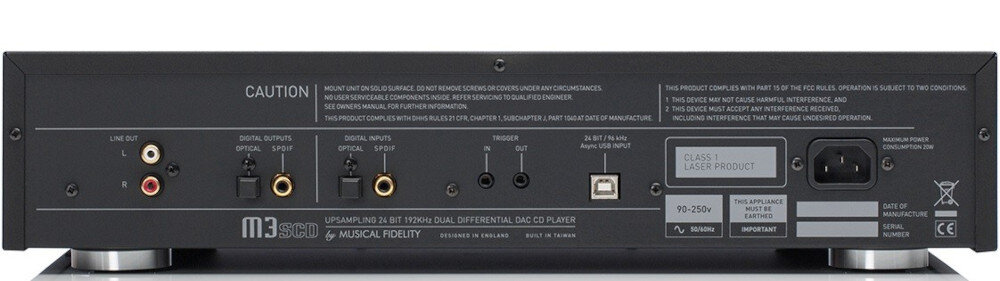 Odtwarzacz CD MUSICAL FIDELITY M3SCD formaty AAC MP3 WAV wyjścia analogowe optyczne, odtwarzacz od tyłu na białym tle