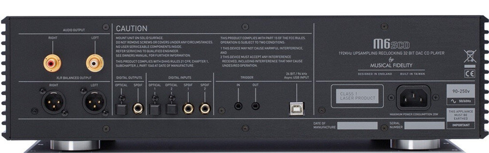 Odtwarzacz CD MUSICAL FIDELITY M6SCD wejścia cyfrowe 2x coax 2x optyczne USB, odtwarzacz od tyłu na białym tle