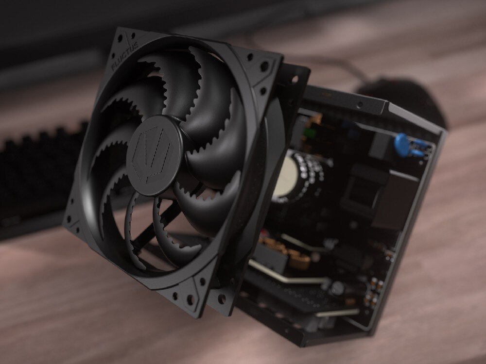 Zasilacz ENDORFY Supremo FM6 750W Wentylator Fluctus 120 mm obok zasilacza ENDORFY Supremo FM6 750 W z otwartą obudową i widocznymi podzespołami.