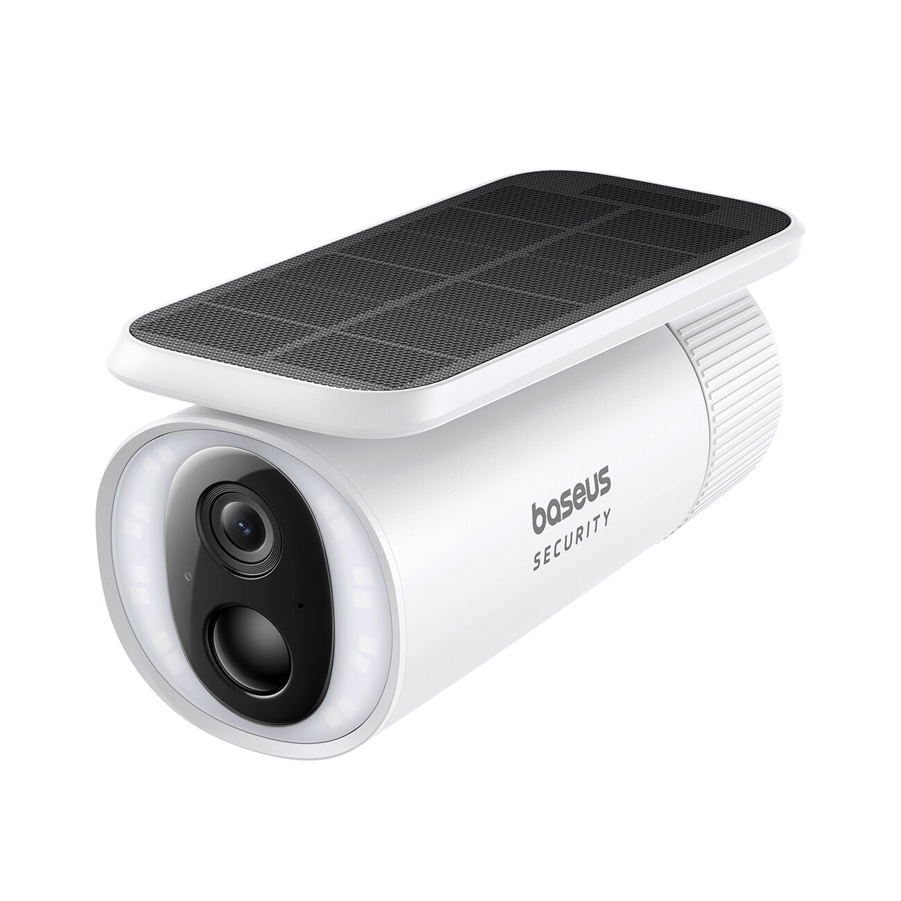 Biała kamera zewnętrzna z panelem solarnym na górze, oznaczona napisem \'baseus SECURITY\'.