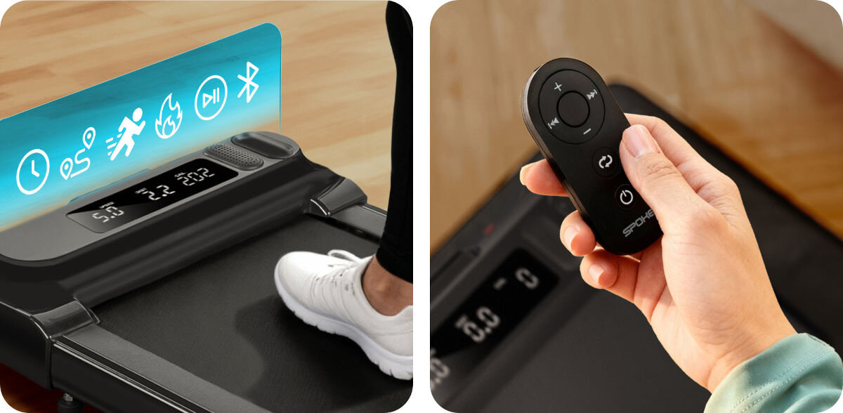 Bieżnia elektryczna SPOKEY Dash 932W 6 km/h, muzyka, rytm, bezprzewodowość, motywacja, Kobieta z pilotem do bieżni Spokey i ikony funkcji