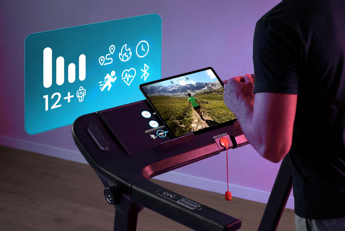 Bieżnia elektryczna SPOKEY Lean 1471W 16 km/h, różnorodność, cele, intensywność, trening, Trening na bieżni Spokey LEAN z tabletem i ikonami funkcji fitness.