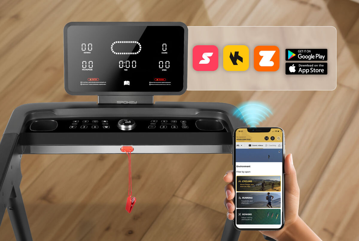 Bieżnia elektryczna SPOKEY Sirius 2610W 18km/h, łączność, interaktywność, motywacja, muzyka, Bieżnia Spokey z telefonem i aplikacjami FitShow