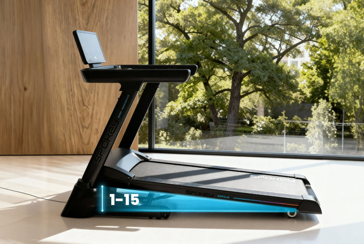 Bieżnia elektryczna SPOKEY Sirius 2610W 18km/h, nachylenie, intensywność, aktywacja, kalorie, przedstawienie nachylenia bieżni podczas treningu
