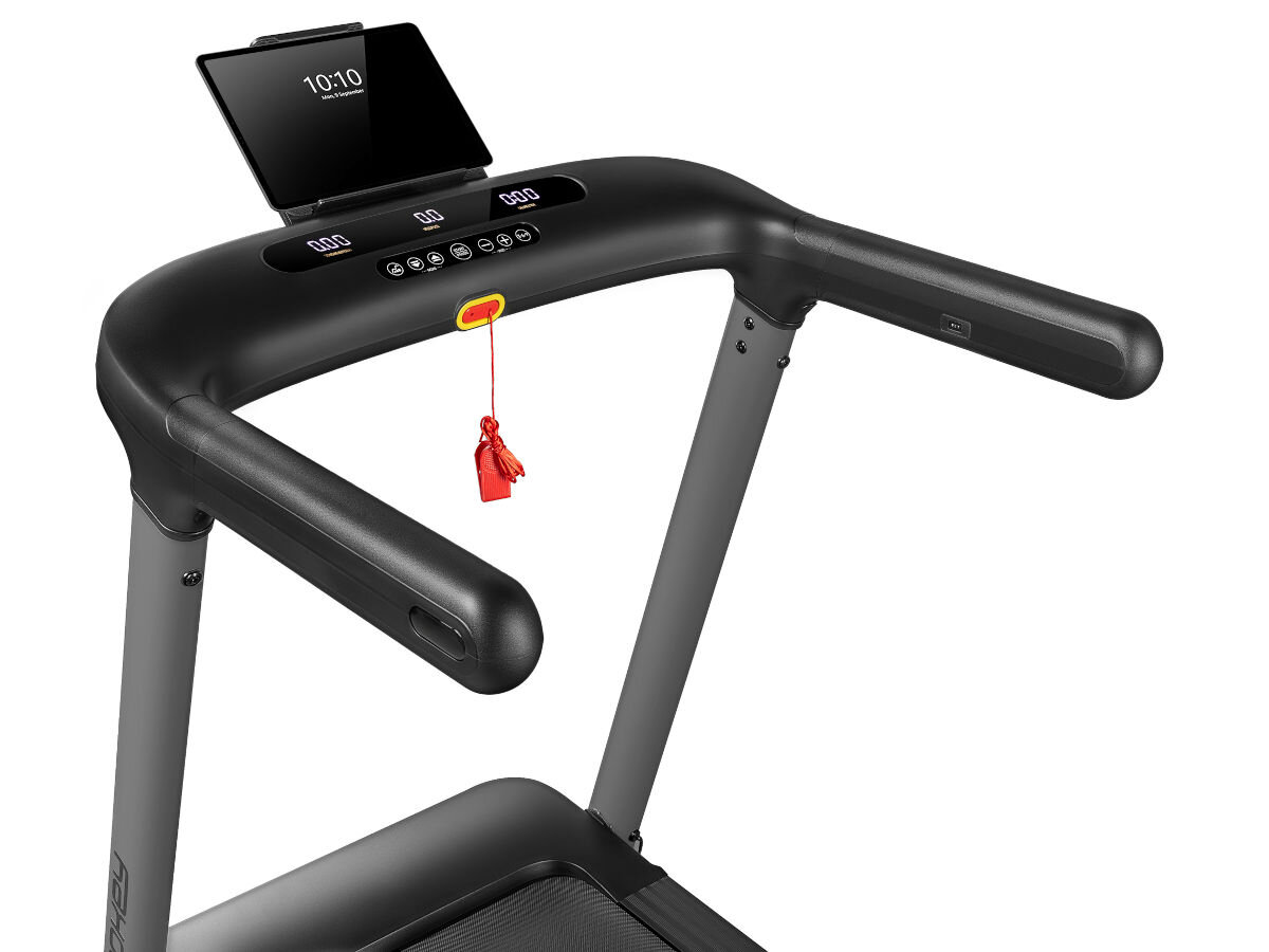 Bieżnia elektryczna SPOKEY Selena 1305W 14 km/h, ochrona, klucz, bezpieczeństwo, pewność, Konsola bieżni Spokey LEAN z tabletem, czasem 10:10 i klipsem awaryjnym.