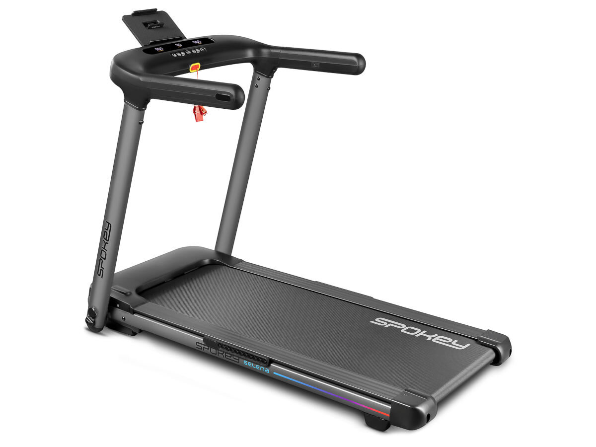 Bieżnia elektryczna SPOKEY Selena 1305W 14 km/h, pauza, wznowienie, komfort, pomiar, Pas biegowy bieżni Spokey LEAN z kolorowym podświetleniem LED i logo.