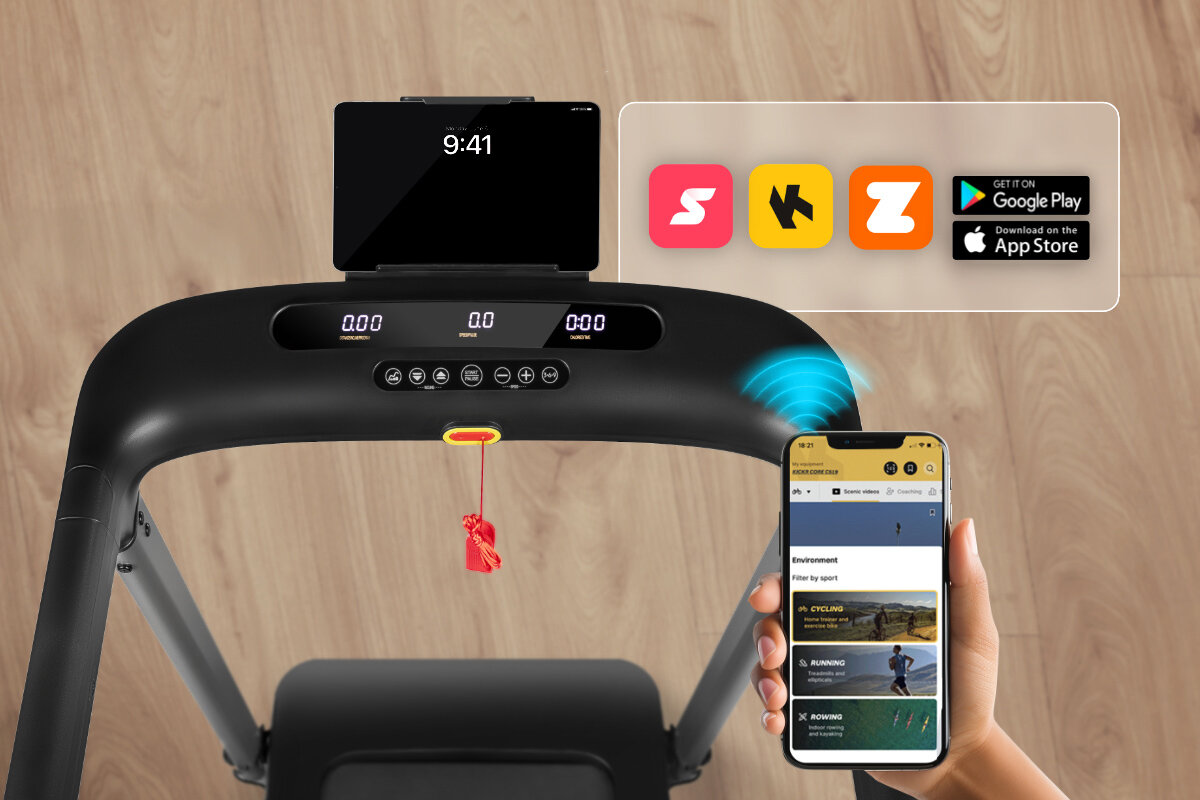 Bieżnia elektryczna SPOKEY Selena 1305W 14 km/h, interaktywność, aplikacje, trening, postęp, Bieżnia Spokey LEAN z Bluetooth, appkami FitShow, Zwift i tabletem.