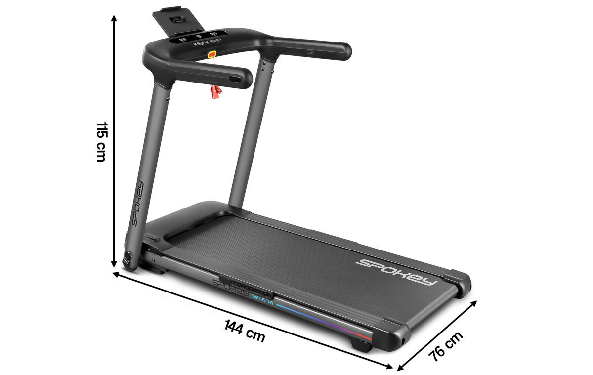 Bieżnia elektryczna SPOKEY Selena 1305W 14 km/h, mobilność, kompaktowość, transport, wygoda, Wymiary bieżni Spokey LEAN: 151 cm wys., 144 cm dł., 76 cm szer.