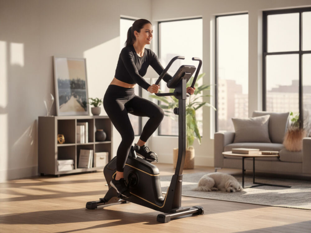 Rower magnetyczny S_LINE Impuls Kobieta ćwiczy energicznie na rowerze stacjonarnym s.line Impuls w jasnym salonie. Na dywanie obok roweru śpi biały piesek.