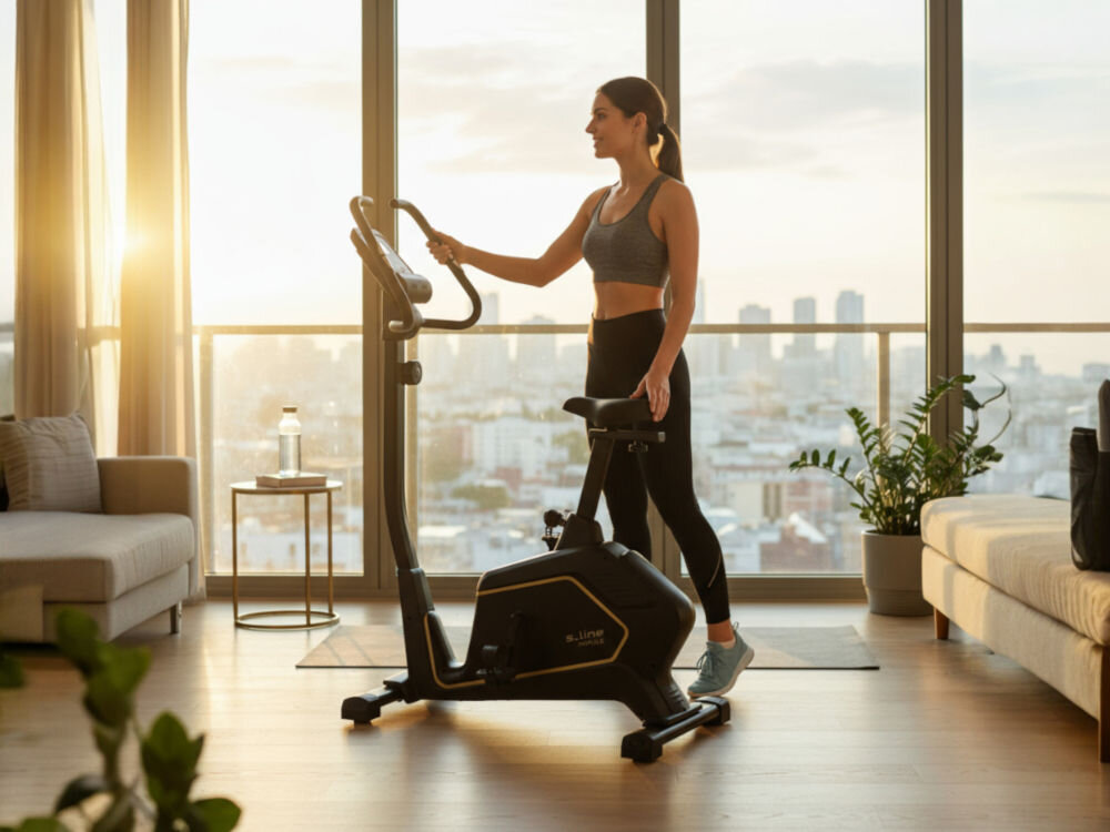 Rower magnetyczny S_LINE Impuls Kobieta stoi obok roweru stacjonarnego s.line Impuls w nowoczesnym apartamencie z panoramicznym widokiem na miasto o zachodzie słońca. Przygotowuje się do treningu.