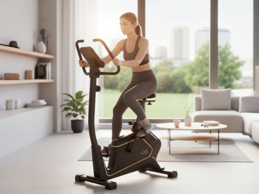 Rower magnetyczny S_LINE Impuls Kobieta ćwiczy na rowerze stacjonarnym s.line Impuls w jasnym salonie z widokiem na zieleń za dużym oknem.