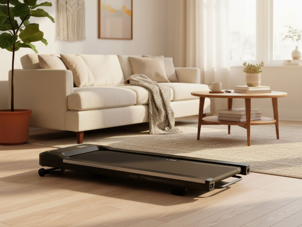 Bieżnia elektryczna S_LINE Paddy 920W 6 km/h Bieżnia S-Line Paddy znajduje się w nowoczesnym, jasnym salonie z beżową sofą, okrągłym stolikiem kawowym i rośliną doniczkową na drewnianej podłodze.
