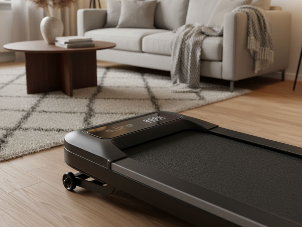 Bieżnia elektryczna S_LINE Paddy 920W 6 km/h Bieżnia S-Line Paddy ustawiona na jasnej podłodze nowoczesnego salonu, z wyraźnie widocznym wyświetlaczem LED, sofa w tle w jasnych kolorach.